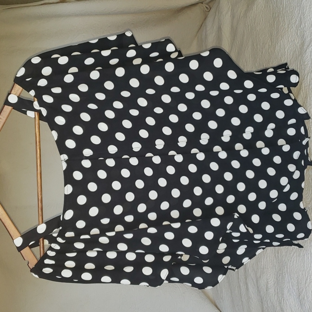 Joseph Ribkoff, on/off shoulder navy, polkadot blouse.